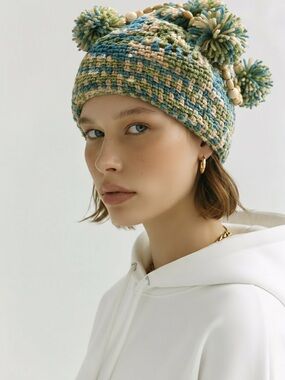 One-of-a-Kind Handcrafted Hippie Crochet Pom-Pom Hat Boho Beanie Wood Beads